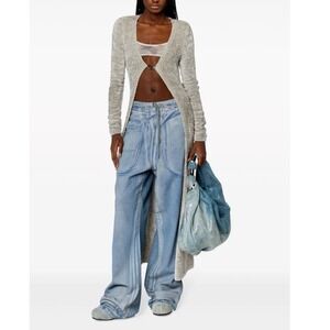 Diesel Womens Grey Fuzzy Knit Maxi Duster Cardigan Metal D Logo Buckle Size S